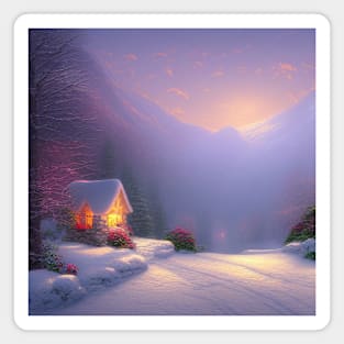 Magical Fantasy House with Lights in a Snowy Scene, Fantasy Cottagecore artwork Magnet